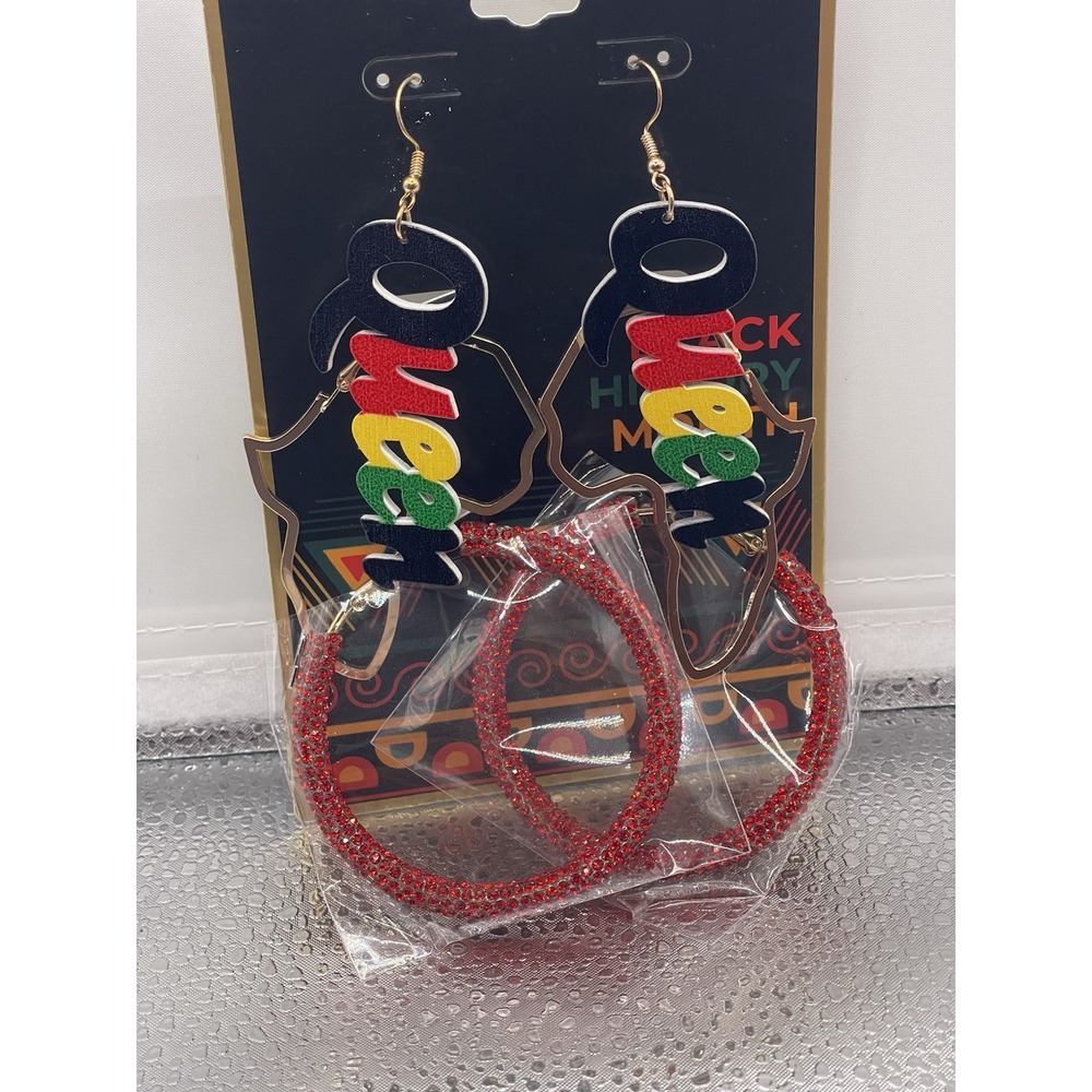 Africa Pierced 3 Pair Of Earrings Black History Month‎ Pan-African Large Queen